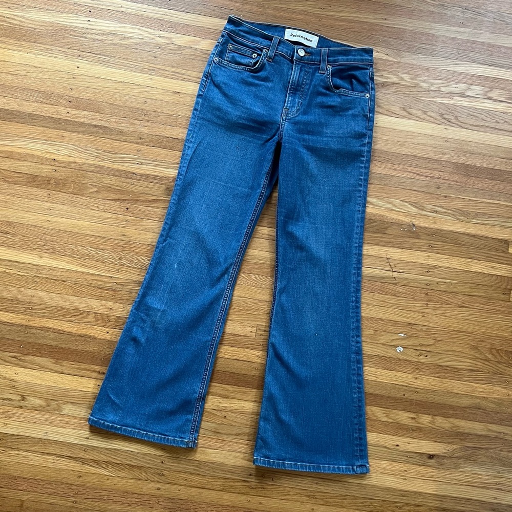 Reformation PJ Jeans In True Blue Wide Flare Leg Ankle Crop Stretch